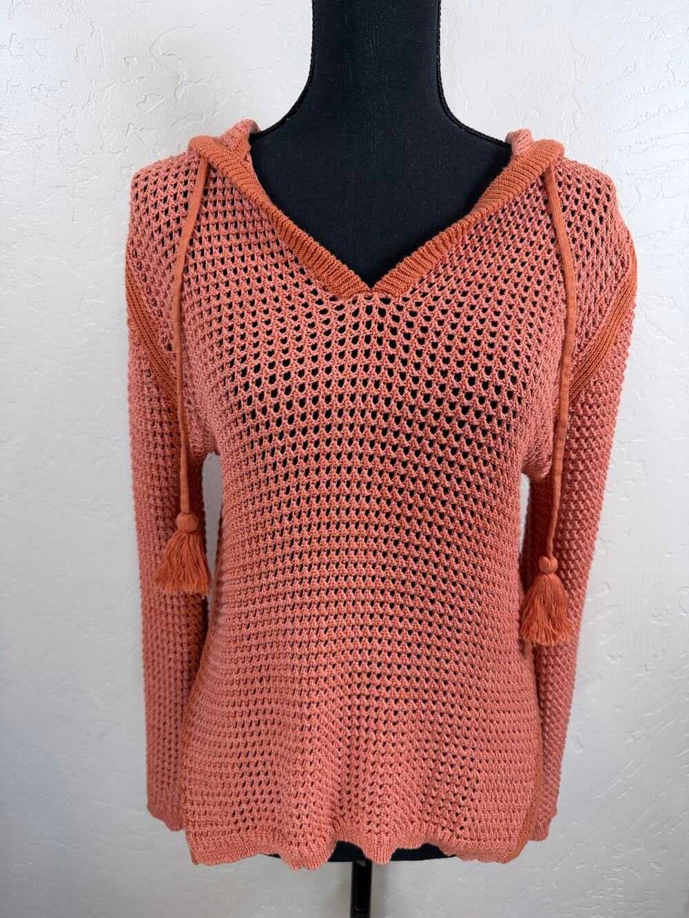 Roxy Sweater Womens XS Coral Open Knit Hoodie Cotton Tassel Boho Beach NWOT